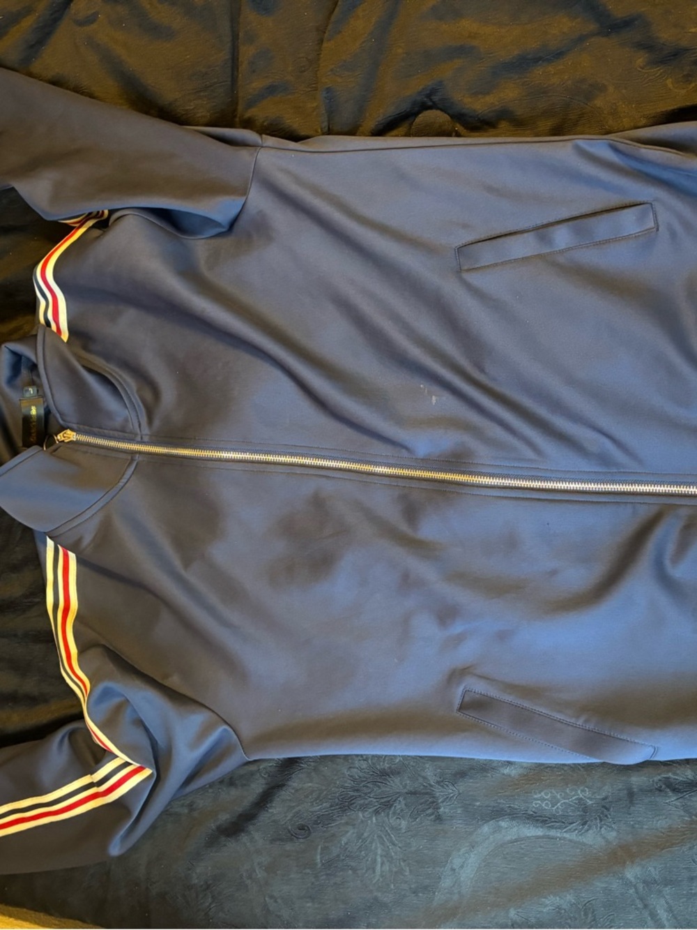 Navy Track Jacket with Red, Yellow & White Shoulder Stripes